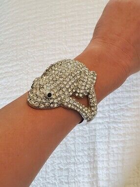 Unique Crystal Frog Hinge Bracelet - Bold, Silver Sparkling Rhinestone Frog Cuff